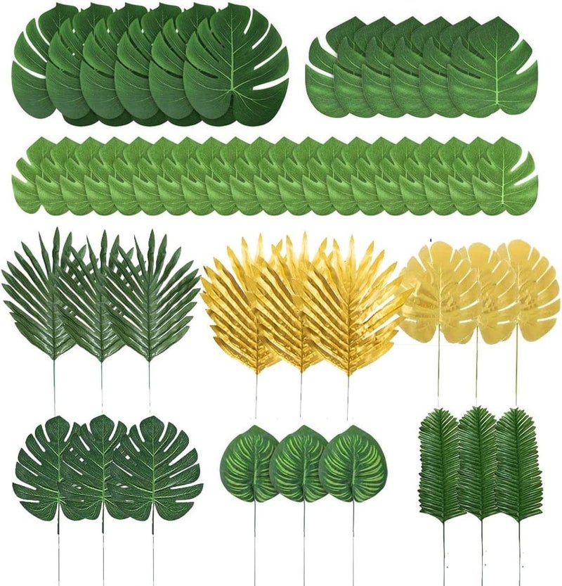 LOMIRO 78 Pieces 9 Kinds Artificial Tropical Leaf Jungle Leaves Golden Plant Safari Leaves Decorations for Hawaiian Party Decorations Beach Birthday Luau Party Decorations - Image 1