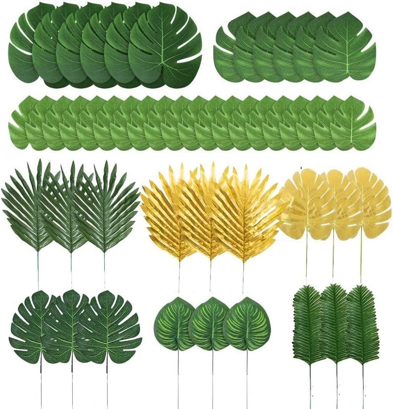 LOMIRO 78 Pieces 9 Kinds Artificial Tropical Leaf Jungle Leaves Golden Plant Safari Leaves Decorations for Hawaiian Party Decorations Beach Birthday Luau Party Decorations - Image 2