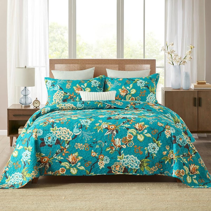 ENASAL Cotton Bedspread Quilt Sets Reversible Bedding Coverlet Sets Comforter Vintage Floral with Peacock Pastoral Turquoise Bedspread King Size