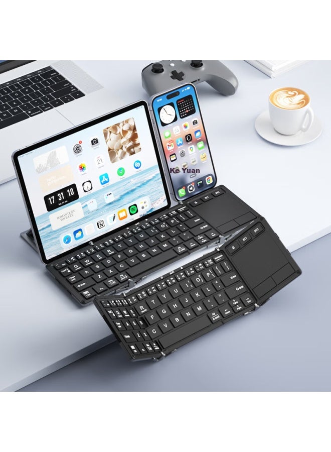 B.o.w Aviation Hd088f Wireless Bluetooth Dual-mode Folding Charging Keyboard With Smart Touchpad For Desktops, Laptops, Ipads, Tablets, And Smartphones, Ultra-thin With Stand, Black And Gray