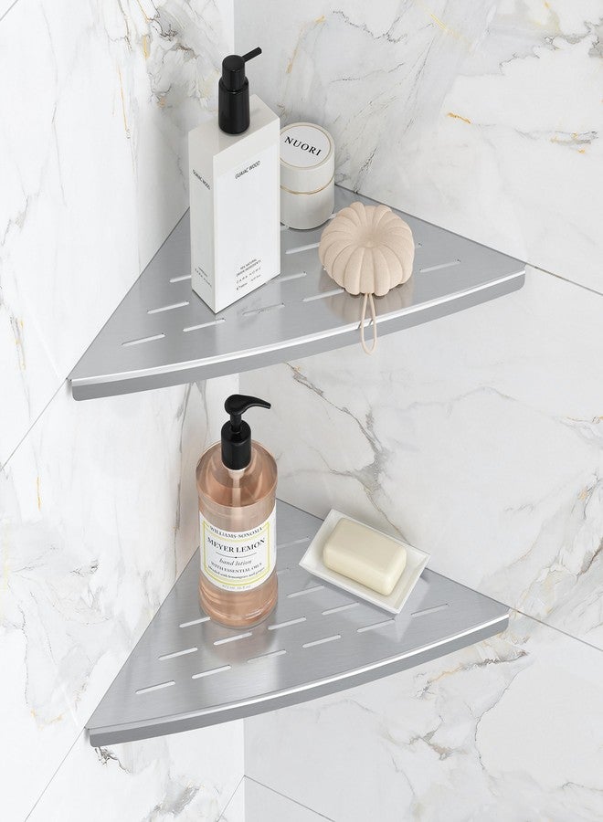 Qeke Corner Shower Shelf Brushed Nickel, 304 Stainless Steel 11.5” Recessed Corner Shelf Bathroom for Tiled Wall, Floating Shower Shelves Shampoo Holder, No Drilling, 2 Pack - Image 1