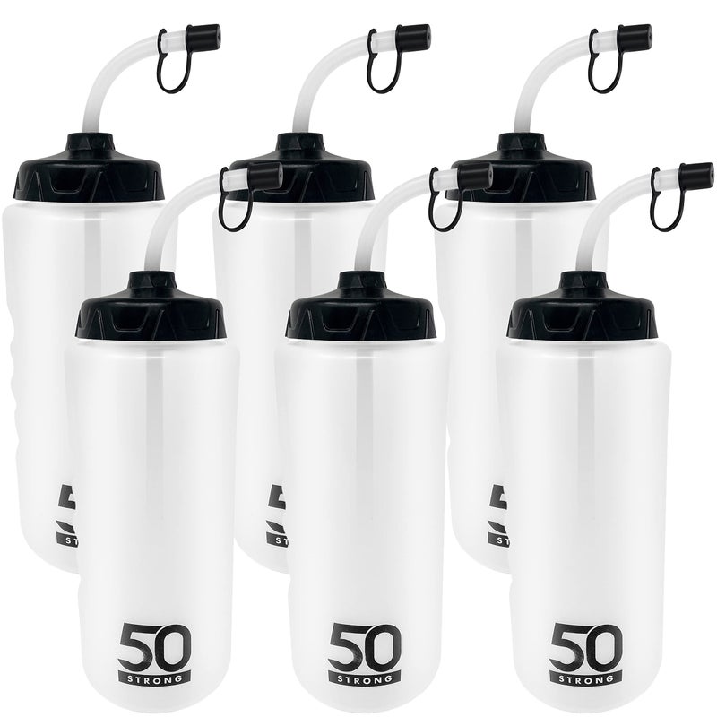 50 Strong 1 Liter BPA-Free Plastic Round Sports Water Bottle with Straw - 6 Pack - Image 1