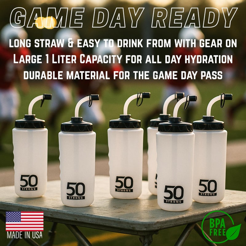 50 Strong 1 Liter BPA-Free Plastic Round Sports Water Bottle with Straw - 6 Pack - Image 2