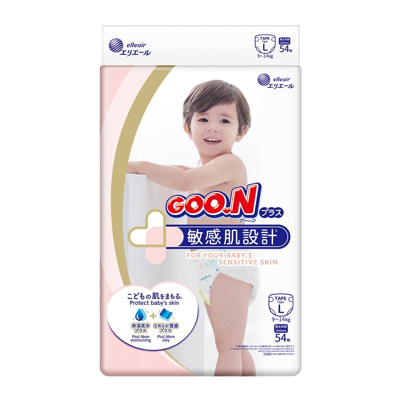 Goon GOO.N Plus+ Diapers L Size (up to 31 lb) Unisex 54 Count Japanese Tape Straps Sensitive Skin, Made in Japan - Image 1