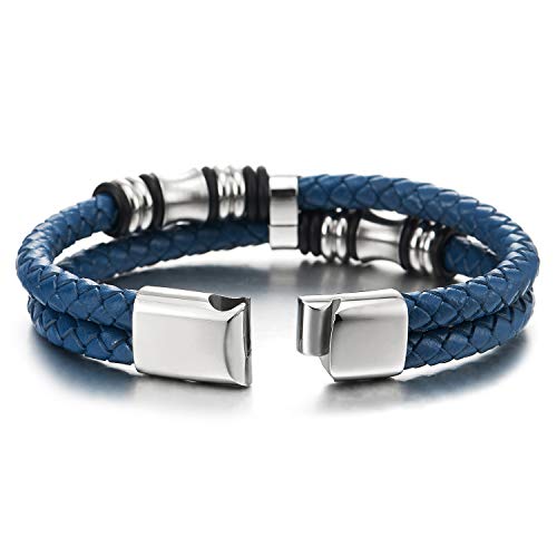 COOLSTEELANDBEYOND Mens Dark Blue Braided Leather Bracelet Double-row Bangle Wristband with Stainless Steel Ornaments - Image 3