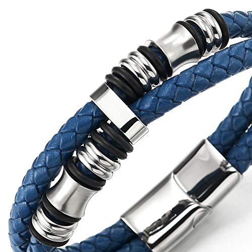 COOLSTEELANDBEYOND Mens Dark Blue Braided Leather Bracelet Double-row Bangle Wristband with Stainless Steel Ornaments - Image 2