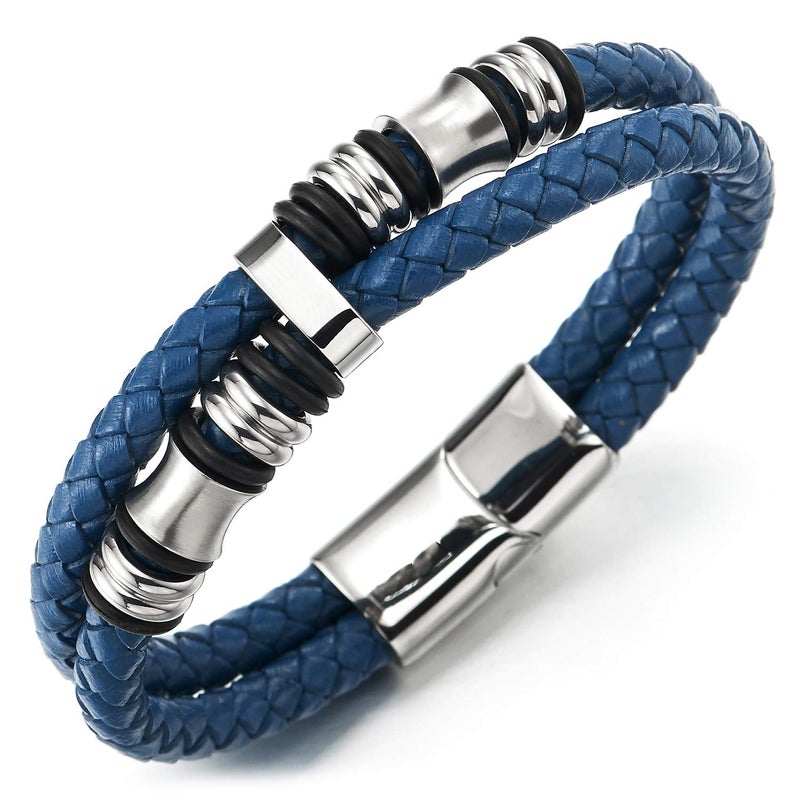 COOLSTEELANDBEYOND Mens Dark Blue Braided Leather Bracelet Double-row Bangle Wristband with Stainless Steel Ornaments - Image 5