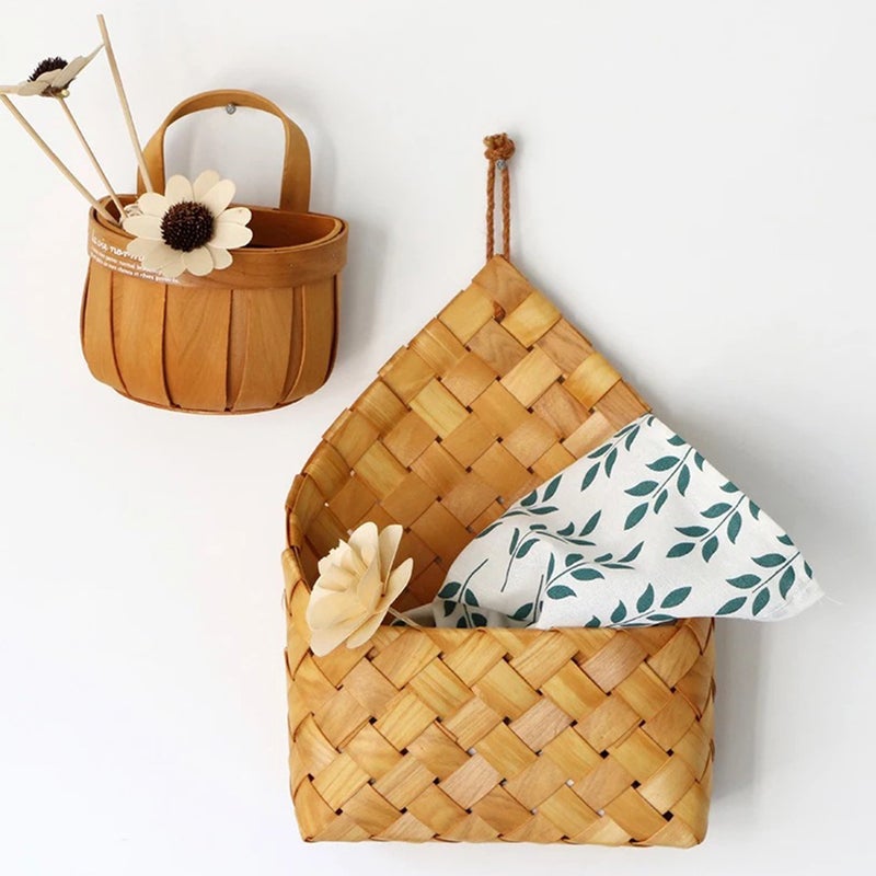 1pc Home Decorative Wood Woven Basket Wall Hanging Flower Storage Basket - Image 4