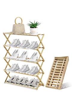 Womdee Foldable Bamboo Shoe Rack  5 Tier Portable Folding Shoes Storage Organizer,  No Assembly Free Standing Boots Shelf.  - Image 1