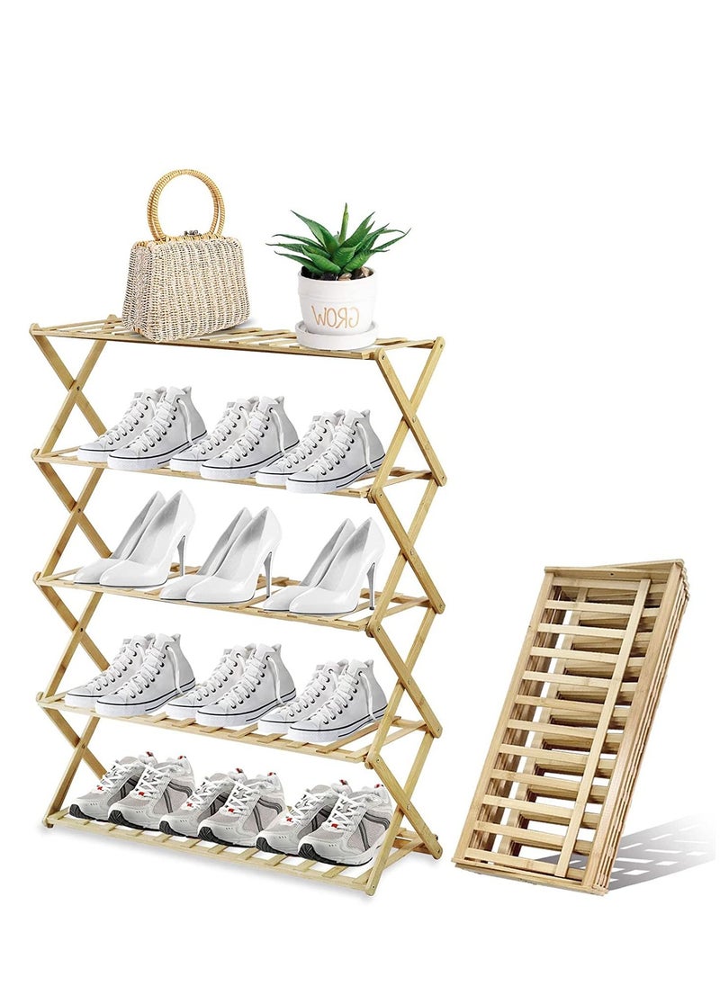 Womdee Foldable Bamboo Shoe Rack  5 Tier Portable Folding Shoes Storage Organizer,  No Assembly Free Standing Boots Shelf.  - Image 1