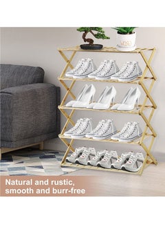 Womdee Foldable Bamboo Shoe Rack  5 Tier Portable Folding Shoes Storage Organizer,  No Assembly Free Standing Boots Shelf.  - Image 3
