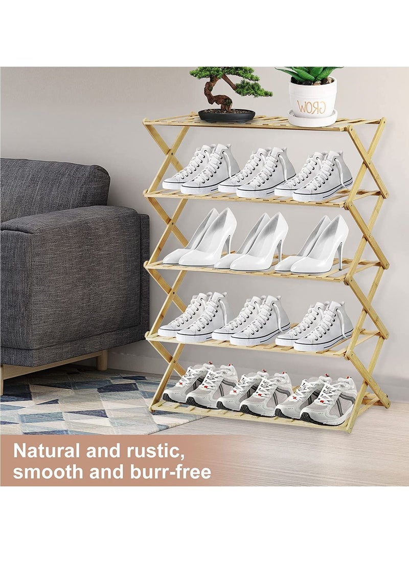 Womdee Foldable Bamboo Shoe Rack  5 Tier Portable Folding Shoes Storage Organizer,  No Assembly Free Standing Boots Shelf.  - Image 3