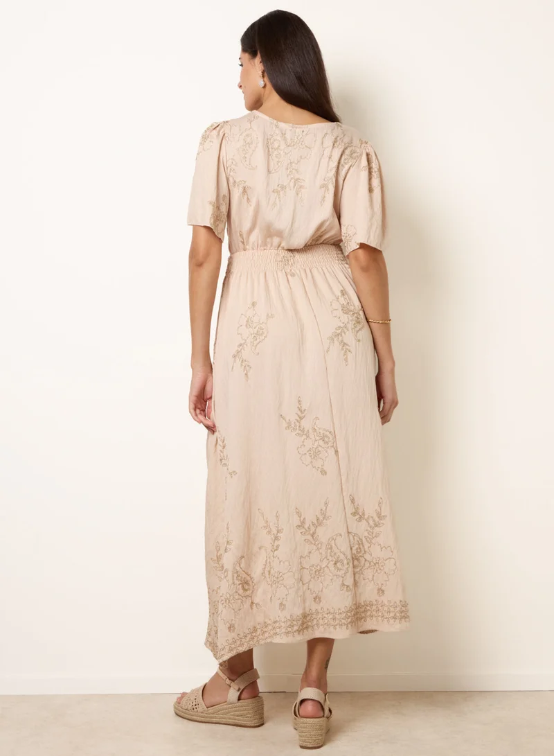بلو فانيلا Wrap Front Metallic Embroidery Floral Dress