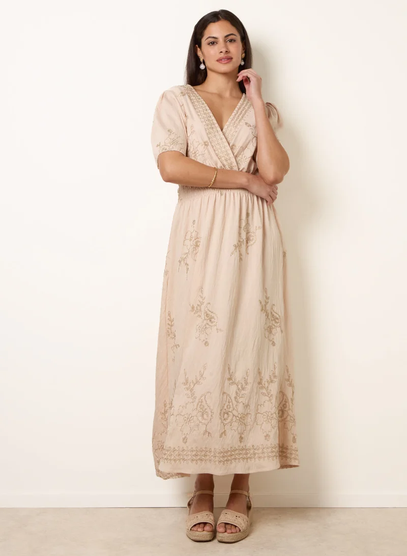 بلو فانيلا Wrap Front Metallic Embroidery Floral Dress
