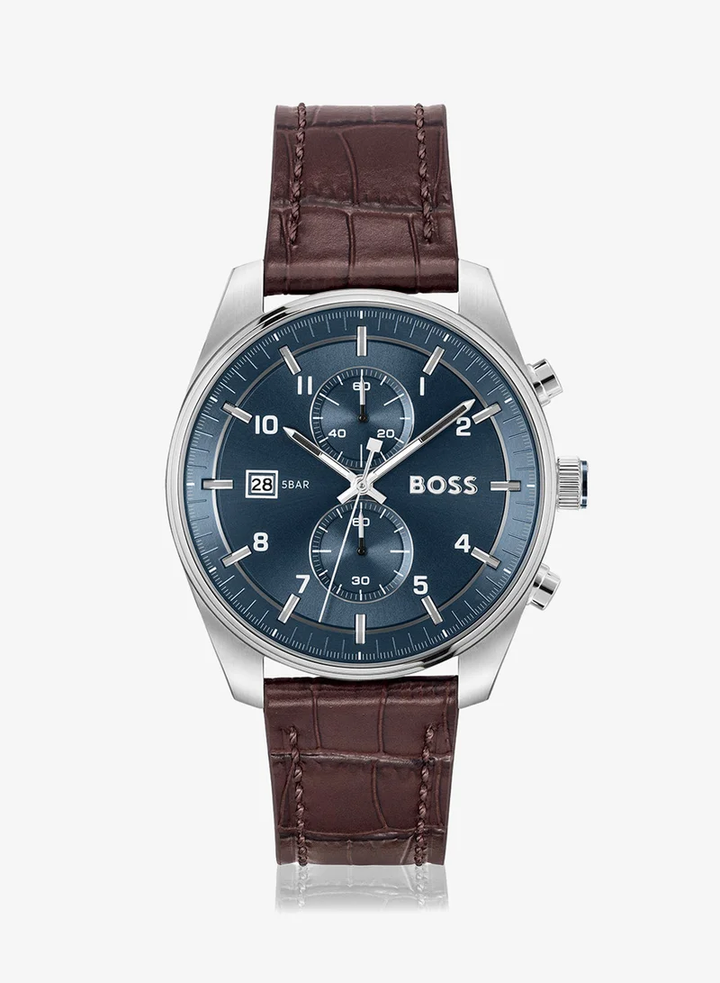 BOSS Calendar Skytraveller Collection Chronograph Quartz Watch For Men With Dark Brown Leather Strap - 1514194