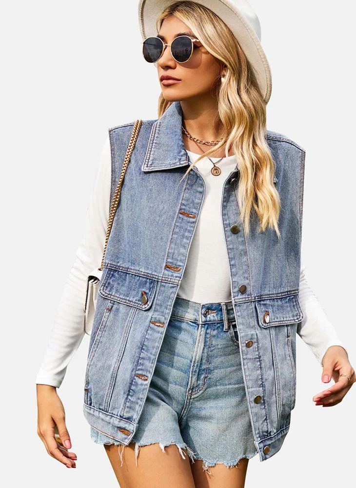 يونيكي Blue Plain Regular Fit Sleeveless Denim Jacket