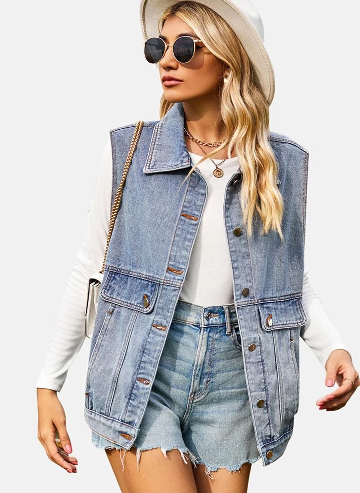 يونيكي Blue Plain Regular Fit Sleeveless Denim Jacket