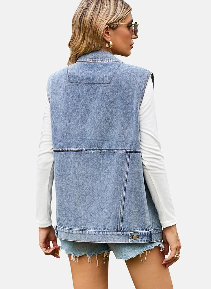 يونيكي Blue Plain Regular Fit Sleeveless Denim Jacket