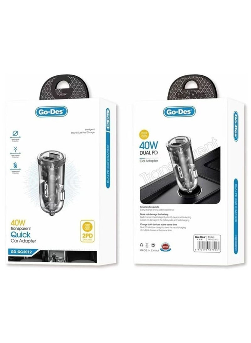 GO-DES "40W Transparent Fast Car Charger Adapter – Dual Port USB & USB-C Quick Charge with Smart Power Distribution, Sleek Clear Design for iPhone, Samsung, Tablets & More" - Image 2