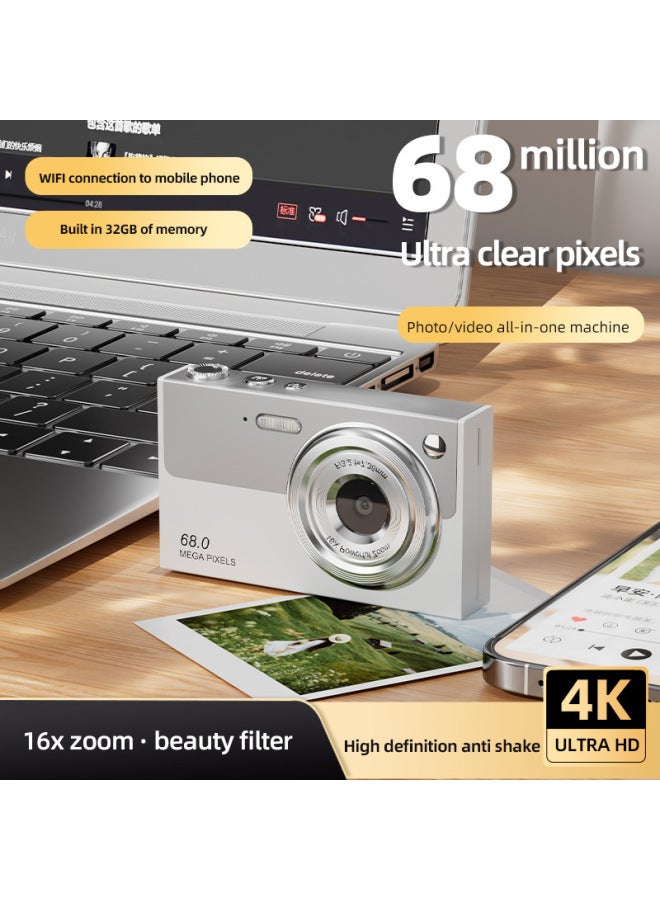 Generic High Definition Anti-shake 6800W Real 4K High Definition Digital Dual Lens Student Camera 16 Times Zoom With Wifi Photo Recording-Body Color:32G  - Image 1
