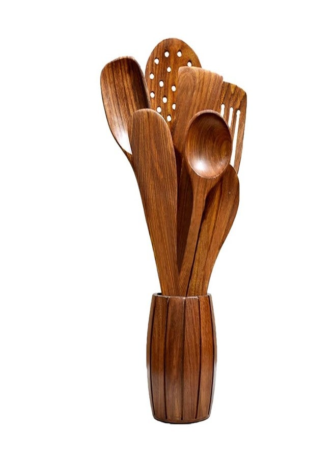 Decorlay Wooden Cooking Spoon Set, 7-Piece, Brown, 35 Cm - Image 3