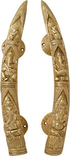 eSplanade 11 Tusker Style Ganesha Carving Brass Door Handle Pair Set of 2 Home Decor Door Decor Pair of Brass Door Handles Pair of Brass Door Pulls - Image 1
