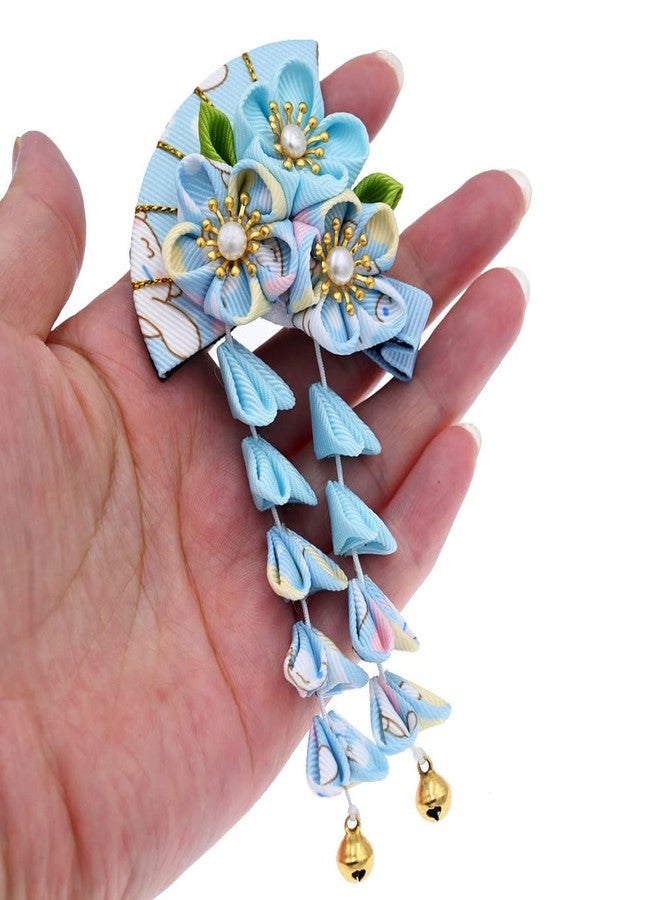 MIAO WU Japanese Style Women Flower Hair Clip Tassel Hair Ornament, Kimono Decor Fabric Hanfu Hairpin Accessories For Christmas Party Costume Gift (Light blue) - Image 2