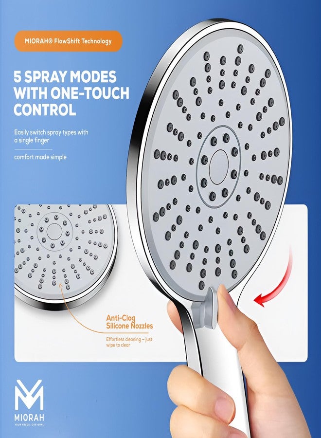 MIORAH 5 Function Hand Shower for Bath with 1m Tube & Wall Hook | Anti-Clog Silicone Nozzels with High Pressure | Handshower for Bathroom | Silver- Full Set - Image 3