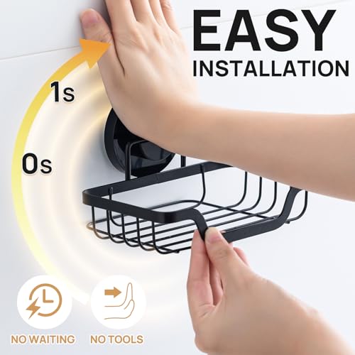 LEVERLOC Soap Dish, Soap Bar Holder for Shower Suction Cup Wall Mounted, Stainless Steel No-Drilling Removable Waterproof Sponge Holder for Bathroom Bathtub Kitchen Sink, Keep Dry, Black - Image 2