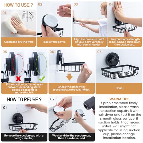 LEVERLOC Soap Dish, Soap Bar Holder for Shower Suction Cup Wall Mounted, Stainless Steel No-Drilling Removable Waterproof Sponge Holder for Bathroom Bathtub Kitchen Sink, Keep Dry, Black - Image 4
