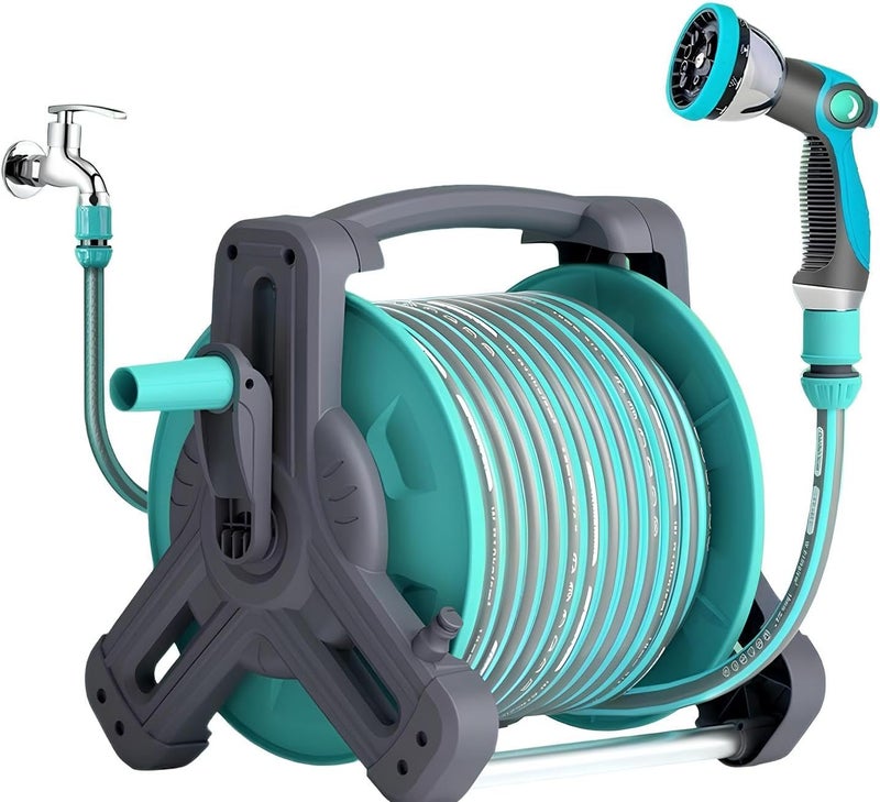 HotsUAE Household Water Hose Garden Hose Reel Set, Portable Wall Hanging, 30m Hose, with Ten Types of Water Spray Showerheads, Water Guns and Water Pipe Bracket - Image 1