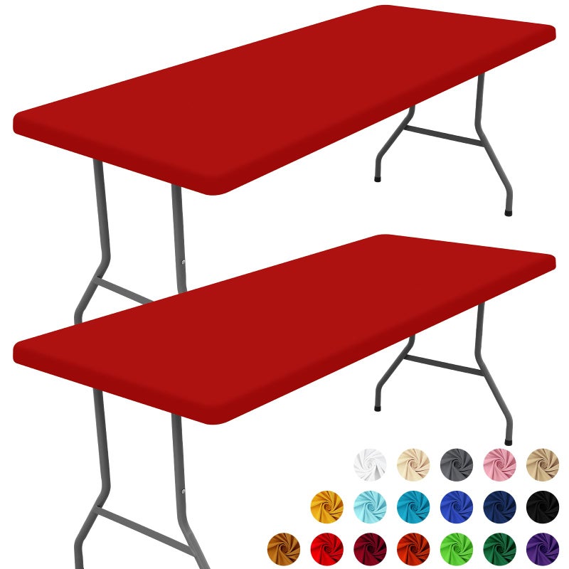 Moosfor Spandex 6 Foot Rectangle Table Cloth 2 Pack Elastic Fitted Tablecloths for Picnic Stretch Washable Patio Table Cover for Outdoor Camping Banquet and Parties Red 30x72