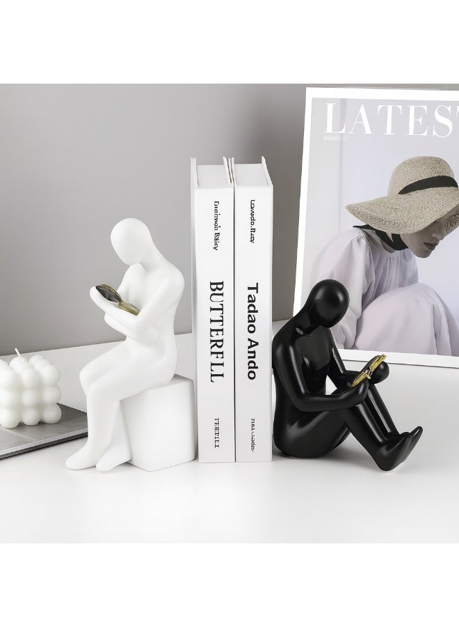 BERAM Book Reading Figure Bookends White Resin Reader Sculptures Heavy Decorative Book Ends for Shelves Desk and Home Library Modern Minimalist Book Holder Statues for Office and Study Decor