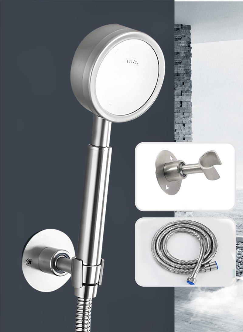 بيروي مجموعة دش من الفولاذ المقاوم للصدأ — تشمل رأس دش محمول، خرطوم، وحامل حائط. مصممة للاستخدام في أحواض الاستحمام ومراكز السبا، تتميز هذه المجموعة المتينة بمقاومة التآكل وسهولة التركيب. - Image 1