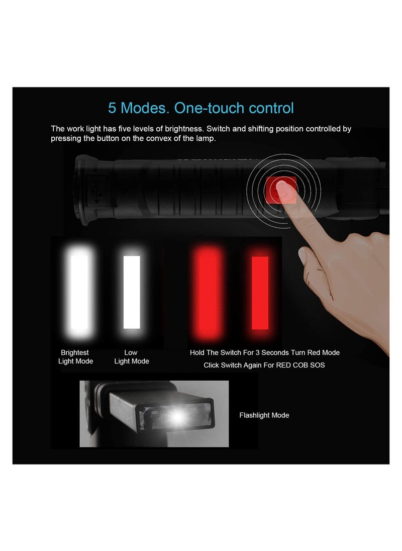 COB LED Work Light, LED Torch Rechargeable, with Magnetic Base 360°Rotate, 5 Lighting Modes, Emergency Inspection Lamp, Portable Inspection Work Light with Hook Handy Flashlight for Household
