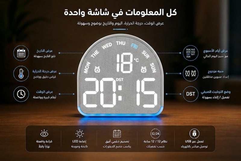 Stylish Wooden Design LED Digital Alarm Clock – Time, Temperature, Day Display – Dual Alarm Clock with Colorful Backlight (Silver) - Image 4