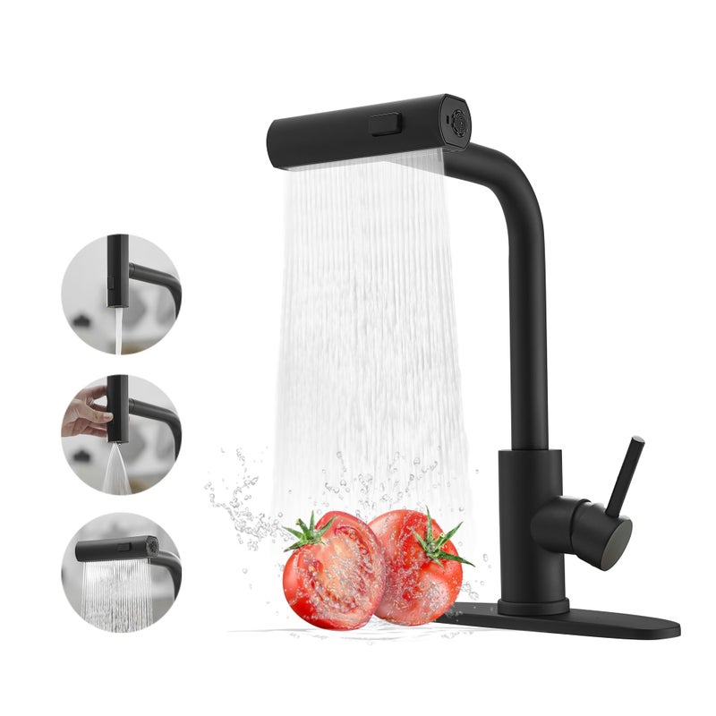 JOOM Black Kitchen Faucets with Pull Down Sprayer,Waterfall Kitchen Sink Faucet,Commercial Utility Stainless Steel Kitchen Faucets,Single Handle Kitchen Sink Faucet with Pull Down Sprayer for 3 Function - Image 1
