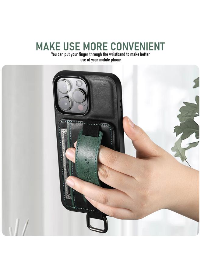 Suteni Case For iPhone 16 Pro Max H13 Card Wallet Wrist Strap Holder PU Phone Case - Image 5