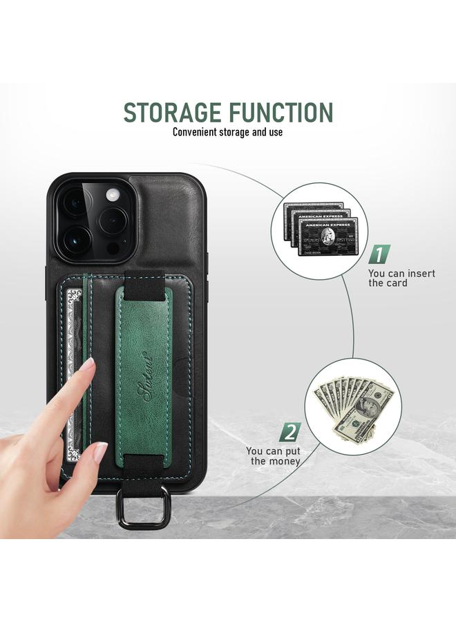 Suteni Case For iPhone 16 Pro Max H13 Card Wallet Wrist Strap Holder PU Phone Case - Image 2