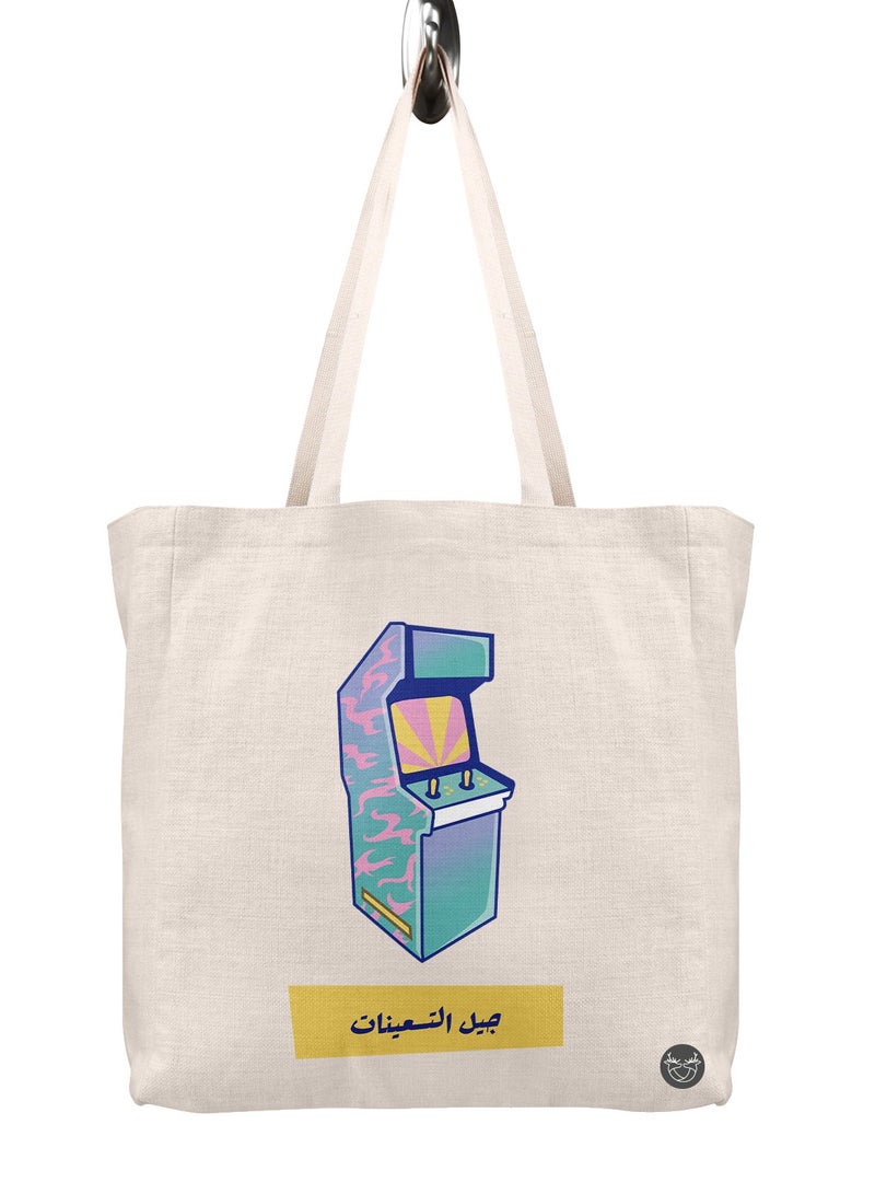 Canvas bag printed with a 90s game design