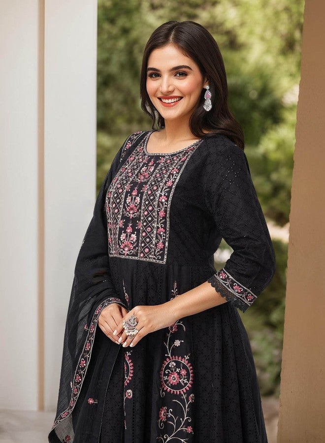 ISHIN Women'S Black 100% Cotton Embroidered A-Line Kurta Set - Image 1