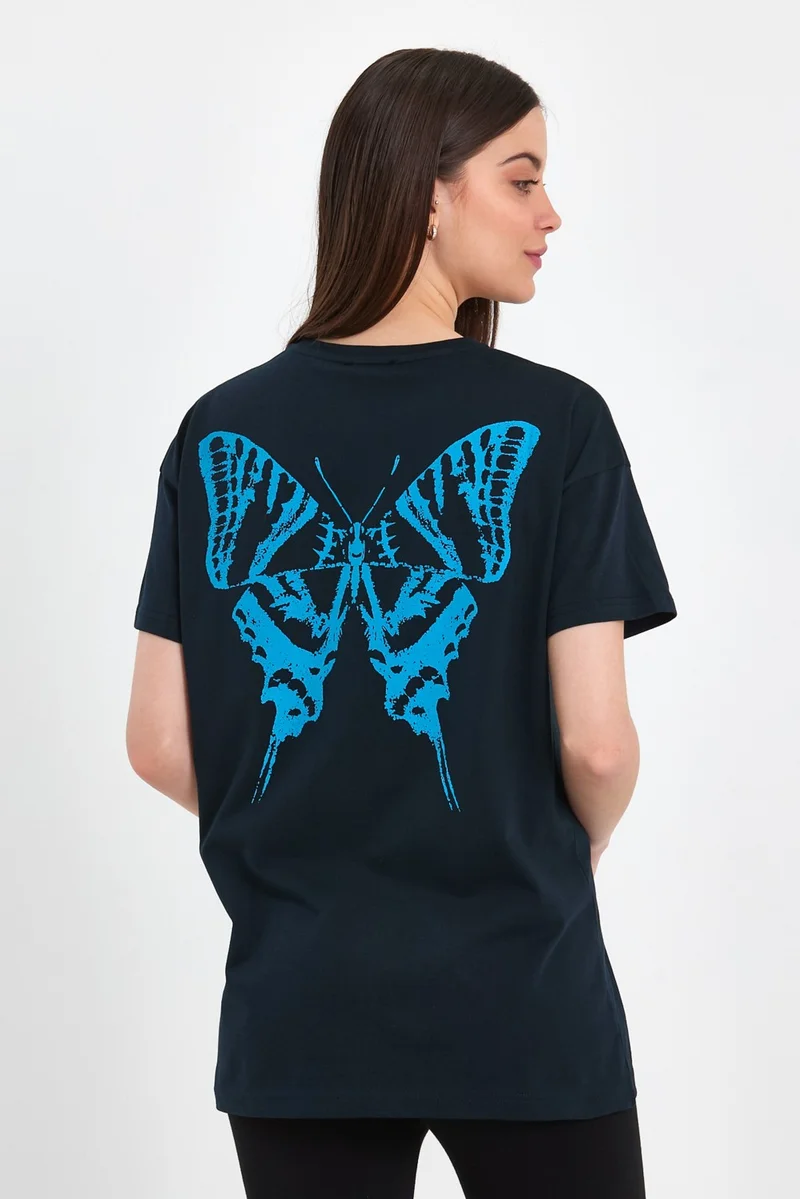 ام ار اس كلوثينج Butterfly Navy Blue Women's Oversize Wide Fit Crew Neck Printed Short Sleeve T-Shirt