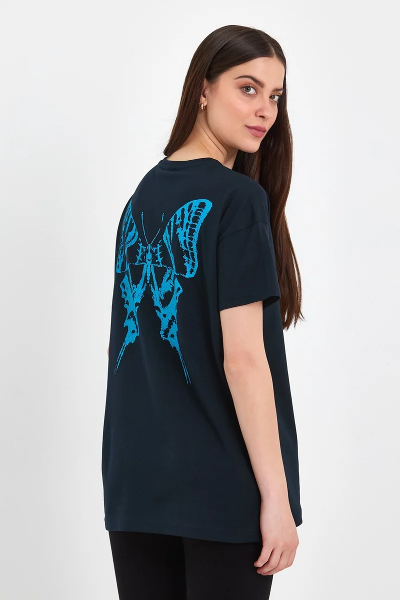 ام ار اس كلوثينج Butterfly Navy Blue Women's Oversize Wide Fit Crew Neck Printed Short Sleeve T-Shirt
