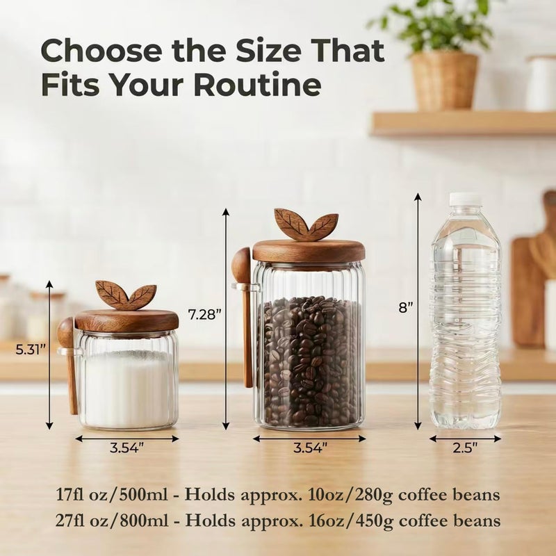 Splotiva Glass Coffee Canister with Wooden Lid & Spoon, Airtight Food Storage Jar for Coffee, Sugar, Salt, Tea & Snacks (27floz) - Image 3