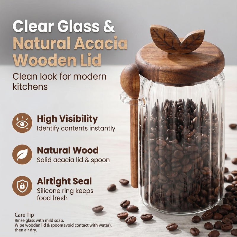 Splotiva Glass Coffee Canister with Wooden Lid & Spoon, Airtight Food Storage Jar for Coffee, Sugar, Salt, Tea & Snacks (27floz) - Image 2
