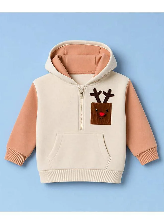Babyhug Babyhug Fleece Knit Front Open Hoodie with Full Sleeves and Reindeer Patch - Beige