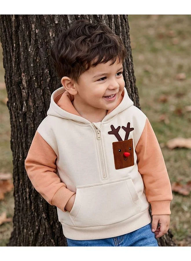 Babyhug Babyhug Fleece Knit Front Open Hoodie with Full Sleeves and Reindeer Patch - Beige
