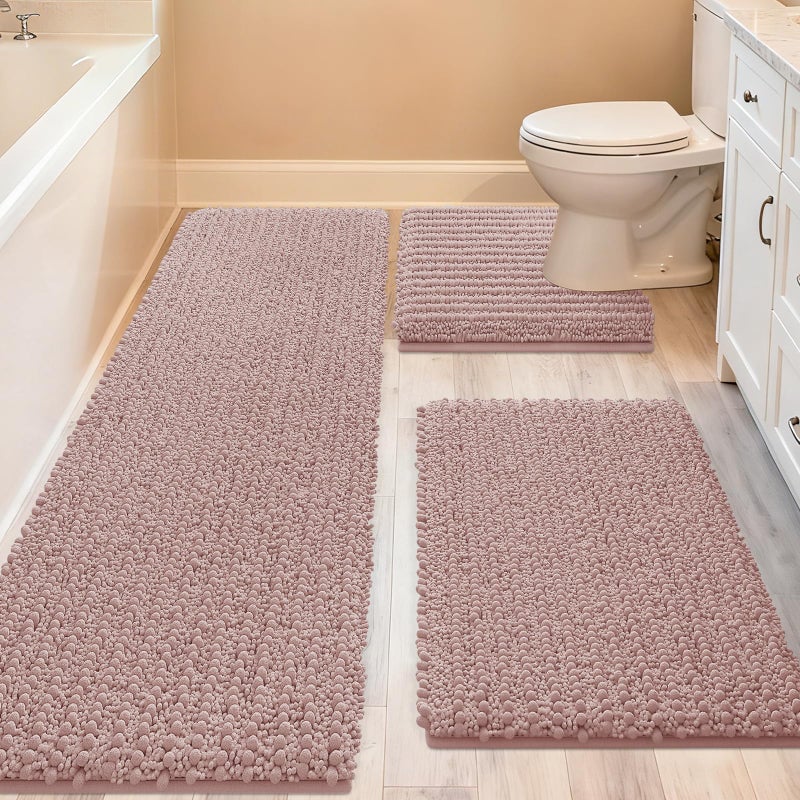 ACCUMTEK Upgrade Extra Large Dusty Pink Bathroom Rug Set 3 Pieces Ultra Soft, Thick Absorbent Bath Mats, Non Slip Chenille Toilet Mat for Bathroom, Bedroom, Kitchen - Image 1