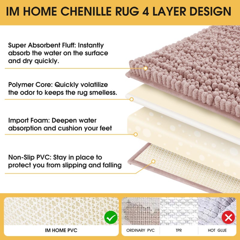 ACCUMTEK Upgrade Extra Large Dusty Pink Bathroom Rug Set 3 Pieces Ultra Soft, Thick Absorbent Bath Mats, Non Slip Chenille Toilet Mat for Bathroom, Bedroom, Kitchen - Image 5