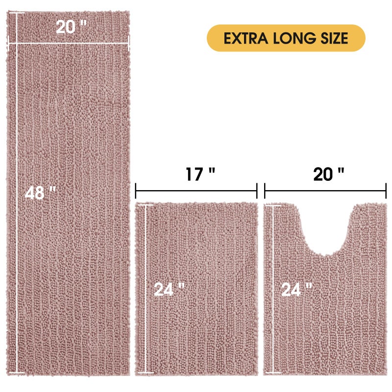 ACCUMTEK Upgrade Extra Large Dusty Pink Bathroom Rug Set 3 Pieces Ultra Soft, Thick Absorbent Bath Mats, Non Slip Chenille Toilet Mat for Bathroom, Bedroom, Kitchen - Image 2